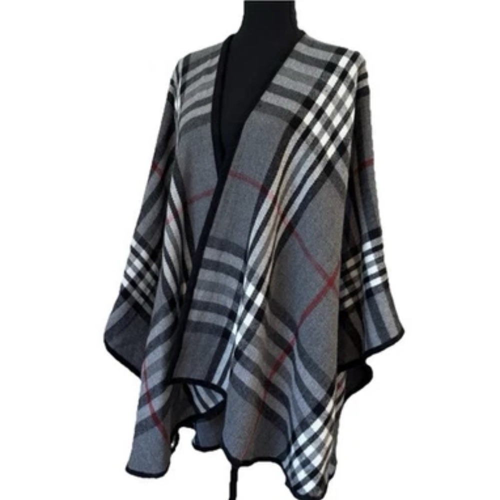 Fraas Gray Red Black Plaid Acrylic Poncho With Black Trim Open Front, One Size